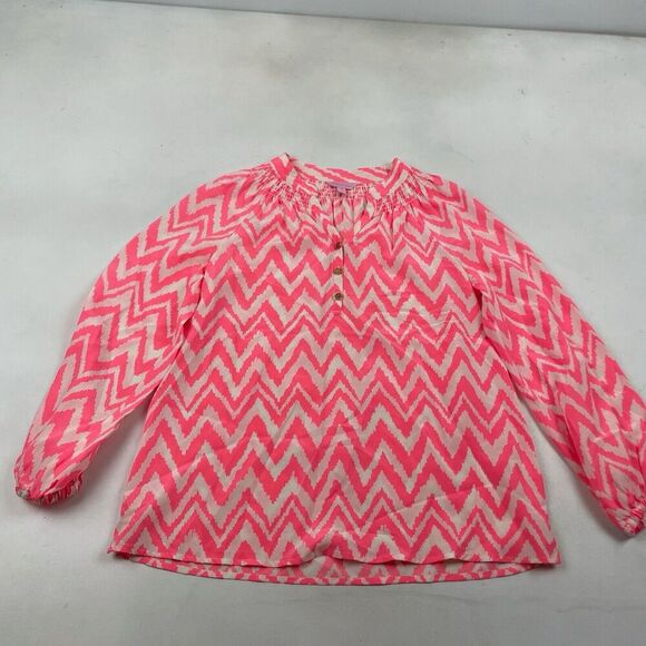 Lilly Pulitzer SILK Elsa Pink Chevron Blouse Henley Smocked Neck Size XS L/S - Picture 2 of 7